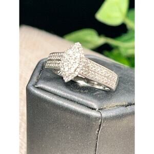 925 Sterling Silver Marquise Diamond Cluster Ring Set Size 6 Pave Band